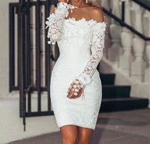 Zunfeo Women Casual Dress- Bodycon Dress Long Sleeve Spring Summer One Shoulder Mini Dress Solid Sexy Lace Dress White 2