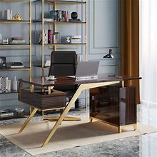 Homary Hungled 55" Modern Sandalwood And Computer Writing Desk With Storage & Drawer Gold