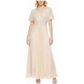 Dkny Womens Beige Embellished Zippered Pleated Lined Sheer Pouf Sleeve Surplice Neckline Full-Length Formal Gown Dress 14