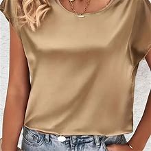 Solid Color Crew Neck Batwing Sleeve Blouse, Women's Satin Simple Spring Summer Women's Clothing Blouse,Camel,Reliable,Temu