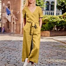 Hupom Womens Wide Leg Pants Casual Pants For Women In Clothing Casual Mid Waist Rise Short Wide-Leg Yellow L