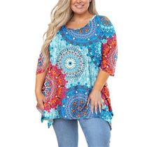 Showmall Plus Size Tunics For Women 3/4 Sleeve Blouse Swing Top Floral Mix Blue 1X Clothing Crewneck Maternity Loose Fitting Clothes