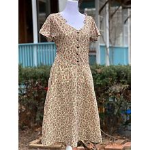 Vintage 70S Handmade Paisley Print Cotton Country Day Dress With Front And Back V-Neck, Pleated Button Bodice And POCKETS