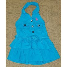 Us Polo Assn Girls Tiered Ruffle Belted Halter Dress Blue 4T