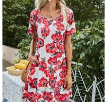 Floral Print Pocket Dress, Women's Pockets Casual Crew Neck Women's Clothing Short Sleeve Dress,Red,Reliable,Temu
