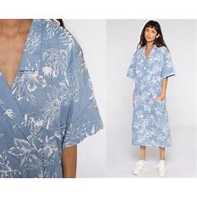 Blue Tropical Dress 80S Floral Palm Tree Dress Midi Boho Wrap Vintage High Waisted Slouch Bohemian Short Sleeve Summer Extra Large Xl