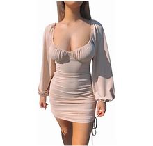 Gaqlive Women's Sexy Dresses Long Sleeve Drawstring Ruched Ribbed Solid Color Mini Dress Tight Casual Dress For Female Boho Daily Dresses L