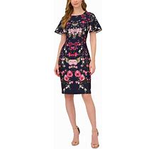 Adrianna Papell Women's Floral-Print Elbow-Sleeve Crepe Dress - Navy Multi - Size 2