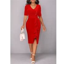 Rotita Women's Red Ruffle V Neck Half Sleeve Bodycon Dress - Large