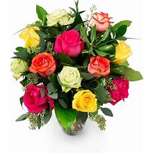 Member's Mark Roses Bouquet W/ Greenery + Vase (Rainbow, 12 Stems)