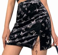 Lesimsam Women's Velvet Short Skirt High Waist Butterfly Print Slim Pencil Skirt Sexy Fashion Club Clothing