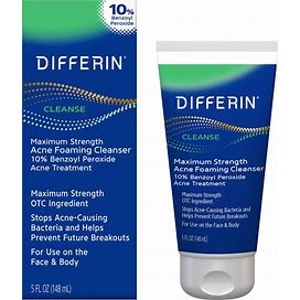 Differin Acne Face Wash With 10% Benzoyl Peroxide, Maximum Strength OTC Acne Foaming Cleanser, Fast Acting Acne Treatment For Face And Body, 5 Oz.