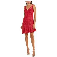 Adrianna Papell Womens Pink Lace Zippered Asymmetrical Hem Lined Sleeveless V Neck Short Evening Fit + Flare Dress 10