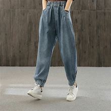 Womens Retro Elastic Waist Loose Casual Soft Denim Jeans Wide Leg Pants Trousers
