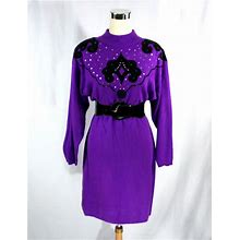 Vintage A'milano Purple & Black Beaded Dolman Sleeve Sweater Dress With Sequins - Medium