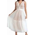 Cbgelrt Elegant Mesh Lace Polka Dots Formal Occasion Dresses Deep V Neck Sleeveless Wedding Guest Dress For Women Swing Long Dress White L