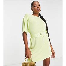 ASOS DESIGN Petite Slinky T-Shirt Mini Dress With Belt In Lime-Yellow - Yellow (Size: 2)