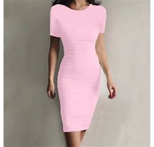 Kscykkkd Dresses For Women Plus Size Female Clearance Bodycon Crew Neck Short Sleeve Solid Mid-Length Slim Fit Bodycon Dress Pink S