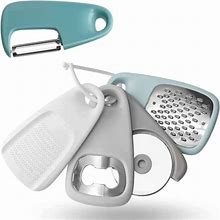 Chuank Kitchen Gadgets Set 5 Pieces, Space Saving Cooking Tools Cheese Grater, Bottle Opener, Fruit/Vegetable Peeler, Pizza Cutter, Garlic/Ginger Grin