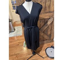 Talbots Womens Small Petite Black Knit V Neck Short Sleeve Calf Length Dress