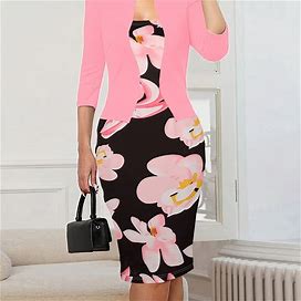 Floral Print Stitching Dress, Elegant 3/4 Sleeve Work Pencil Dress, Women's Clothing,Pale Pinkish Gray,Temu