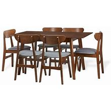 Dining Room Set Of 6 Yumiko Chairs And Extendable Table Kitchen Modern Solid Wood W/Padded Seat Medium Brown Color With Light Gray Cushion