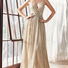 Cinderella Dresses | Champagne A-Line Metallic Evening Formal Dress | Color: Cream/Gold | Size: 12