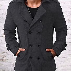 Non-Stretch Casual Double Breasted Coat, Men's Lapel Neck Solid Fake Buttons Long Sleeve Overcoat Fall Winter Trench Coat,Black,Trending,Temu