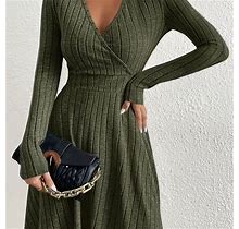 Solid Color Scallop Dress, Women's Neck Ribbed Elegant Women's Clothing Long Sleeve Dress,Dark Green,Reliable,Temu