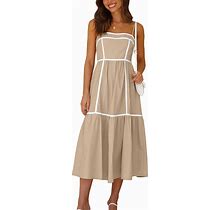 Esobo Women's Summer Adjustable Spaghetti Strap Dresses Sleeveless Smocked Rickrack Trim Boho Flowy Casual A-Line Midi Dress