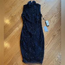 Adrianna Papell Dresses | Adrianna Papill Navy/Black Mock Turtle Neck Beaded Sheath Dress Size 2 | Color: Black | Size: 2
