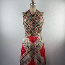 Vintage Dresses | Vintage L 70S S Claire Larabee Colorful Rainbow Plaid Striped Halter Maxi Dress | Color: Cream/Red | Size: S