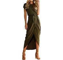 Women's Short Cap Sleeve Plain Dress Front Slit Summer Long Maxi Dress