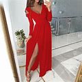 Ykohkofe Women Sexy Solid V Neck Long Sleeves Evening Party Long High Slit Dress