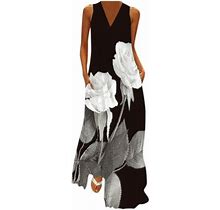 Women Sleeveless Print V-Neck Maxi Dress Summer Party Cami Dress With Pockets