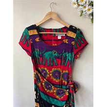 Vintage Jessica Howard Dress | 1980S | Elephant Dress | Tribal Print | Wrap Dress Style | Hippy Aesthetic | Figure Hugging | Shoulder Pads