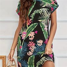 Tropical & Floral Print Dress, Women's Loose Casual Short Sleeve Dress Spring Summer Women's Clothing Vacation Dress,Green,Reliable,Temu
