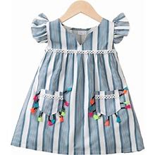 Mikrdoo Little Girls Dress Summer Sleeveless Stripe Dress Pocket Dress One Piece Sun Dress Blue 5-6 Years