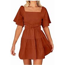Czhjs Women's Swing Mini Dress Clearance Trending Dresses Casual Loose Short Sleeve Dress Fashion Clothing For Women 2023 Square Neck Plain Dress Soli