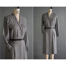 Vintage 1980'S Liz Claiborne Black White Gingham Long Sleeve Shirt Dress | 80'S Black & White Gingham Secretary Dress | Checkered Dress | M