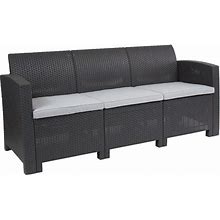 Merrick Lane Outdoor Furniture Resin Sofa Dark Gray Faux Rattan Wicker Pattern Patio 3-Seat Sofa With All-Weather Beige Cushions
