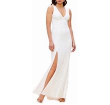 Dress The Population Women's Sandra Crepe Slit Gown - Off White - Size Medium