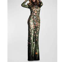 Naeem Khan Floral-Embroidered Sequin High-Neck Gown, Green, Women's, 14, Evening Formal Gala Gowns Mother Of The Bride Groom Sequined Gowns