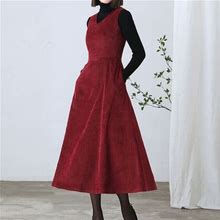 Red Corduroy Dress, Womens Sleeveless Corduroy Dress, Long Dress, A-Line Dress, Autumn Winter Corduroy Dress, Custom Dress, Ylistyle C2608