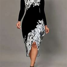Floral Print Asymmetrical Hem Dress, Women's Elegant Women's Clothing Long Sleeve Midi Dress,Black,Must-Have,By Temu
