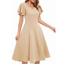 Homrain Ruffle Sleeve Cocktail Dresses For Wedding Guest Fit And Flare Tea Length Party Dress