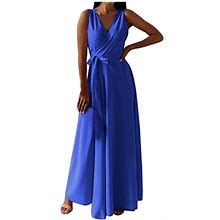 Yeahitch Women's Sexy Formal Dress 2023 Summer Cutout Ruched Slit Wrap Cocktail Party Maxi Dresses With Belt Blue L