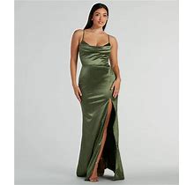 Windsor Melody Cowl Neck Mermaid Glitter Satin Formal Dress In Olive | Size: XS | Satin Fabric