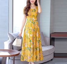 Tangnade Women Fashion Summer Grace Mid-Calf Short Sleeve Beach Printing Dress Yellow + 3XL