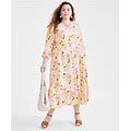 Style & Co Plus Size Floral-Print Tiered 3/4-Sleeve Dress, Created For Macy's - Arles Floral Pink